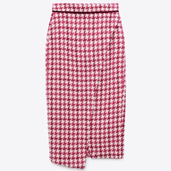 ZARA Tweed Textured Weave Houndstooth Faux Wrap Slit Midi Skirt Raspberry Pink S - Picture 7 of 16